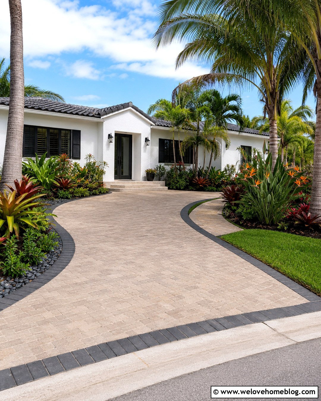 Tropical Paver Driveway With Bromeliad Beds - 20 tropical driveway landscaping ideas