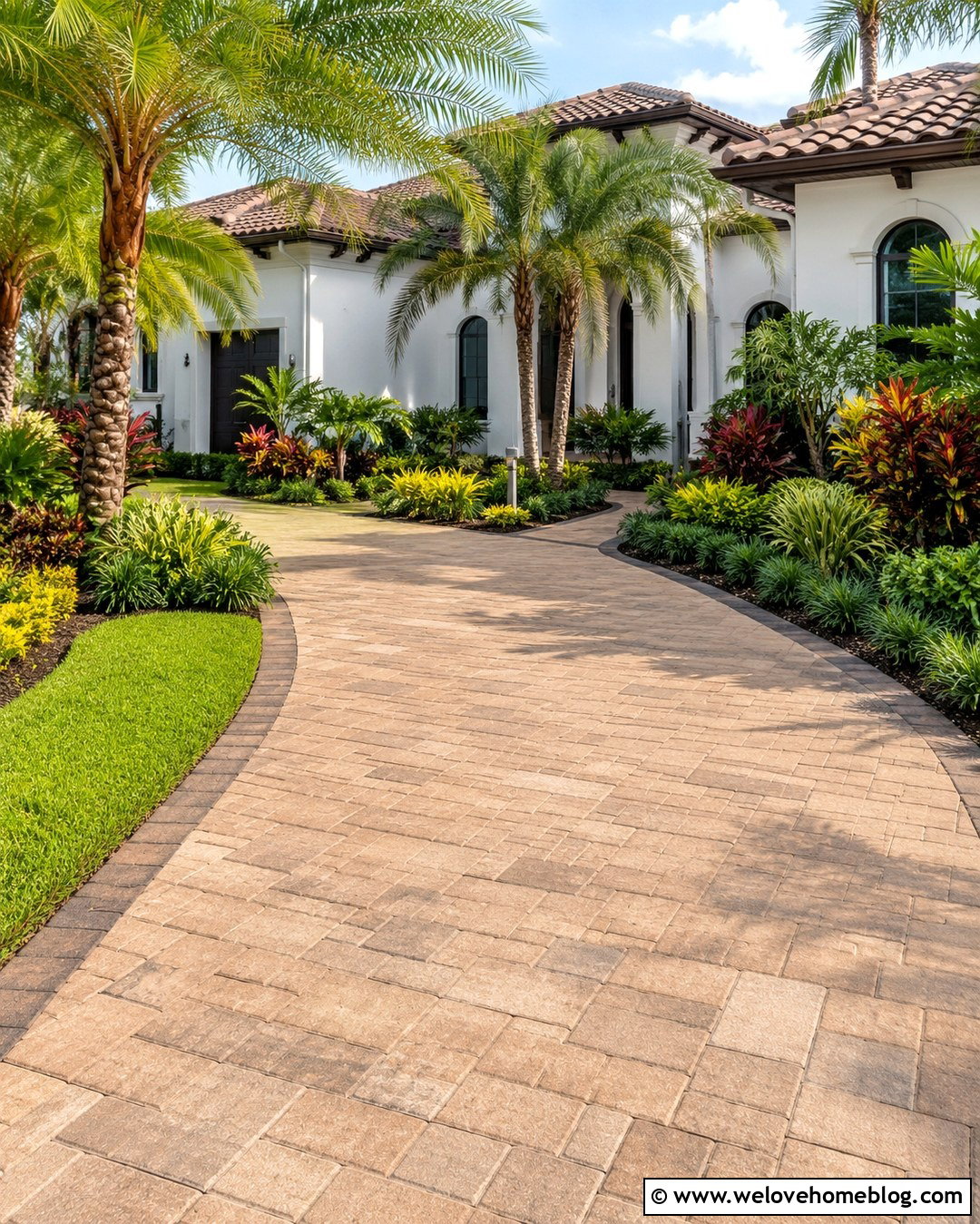 Tropical Paver Driveway With Palm Borders - 20 florida driveway landscaping ideas