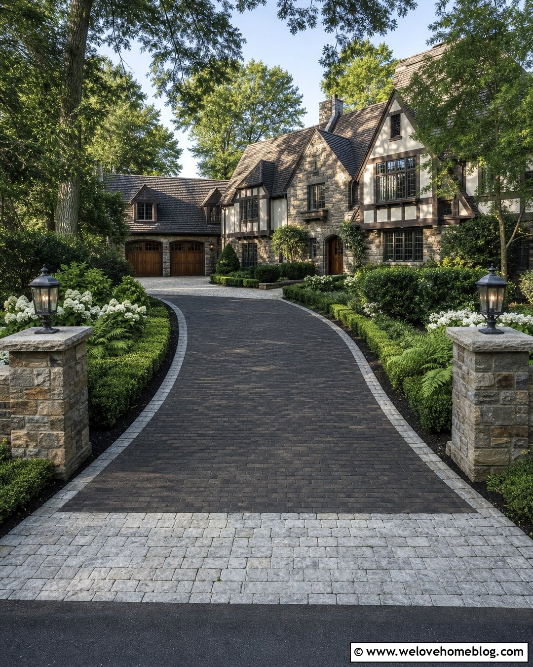 Tudor Luxury Driveway With Cobblestone Apron - 45 Luxury Driveway Ideas