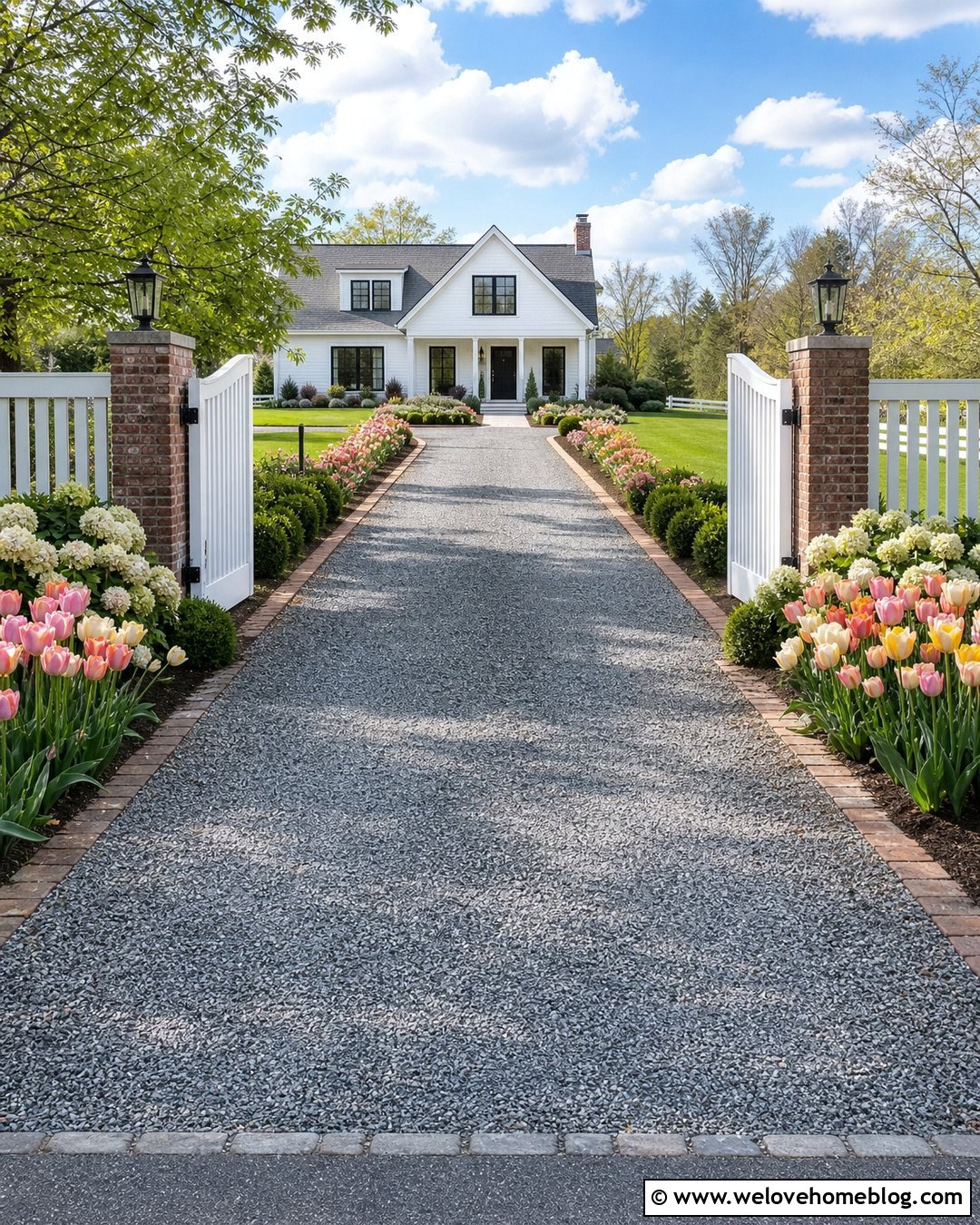 Tulip Lined Driveway With A White Gate - 20 tulip lined driveway ideas