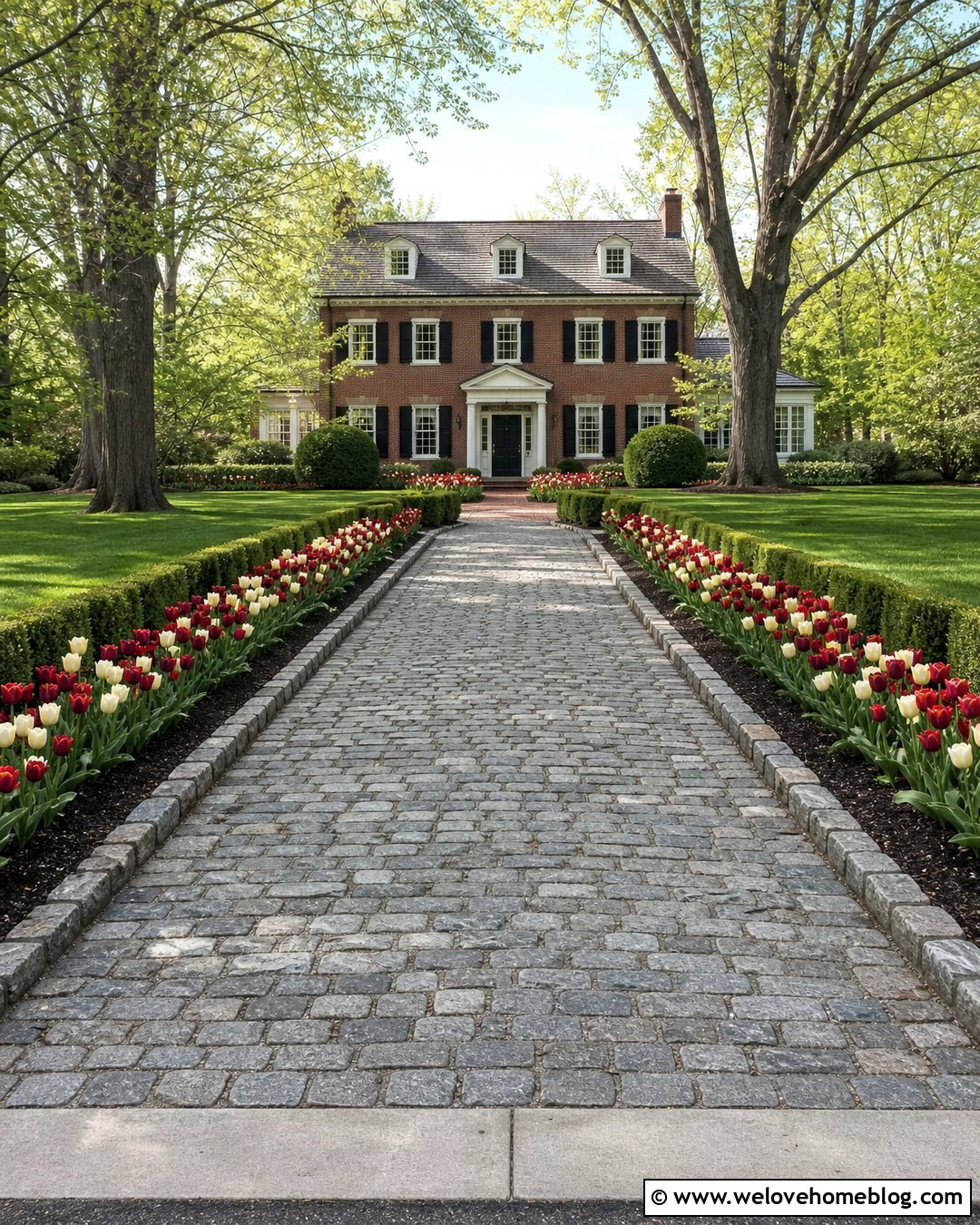 Tulips Along a Cobblestone Driveway - 25 flowers along driveway ideas