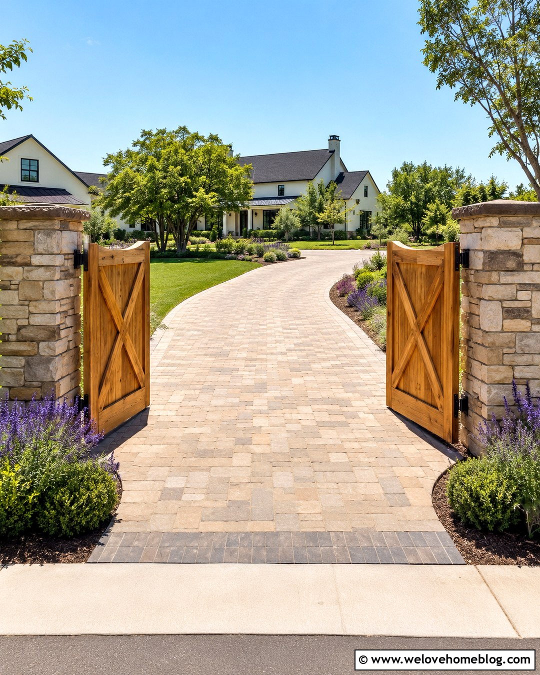 Tumbled Paver Driveway Entrance With A Wooden Gate - 20 Paved Driveway Entrance Ideas