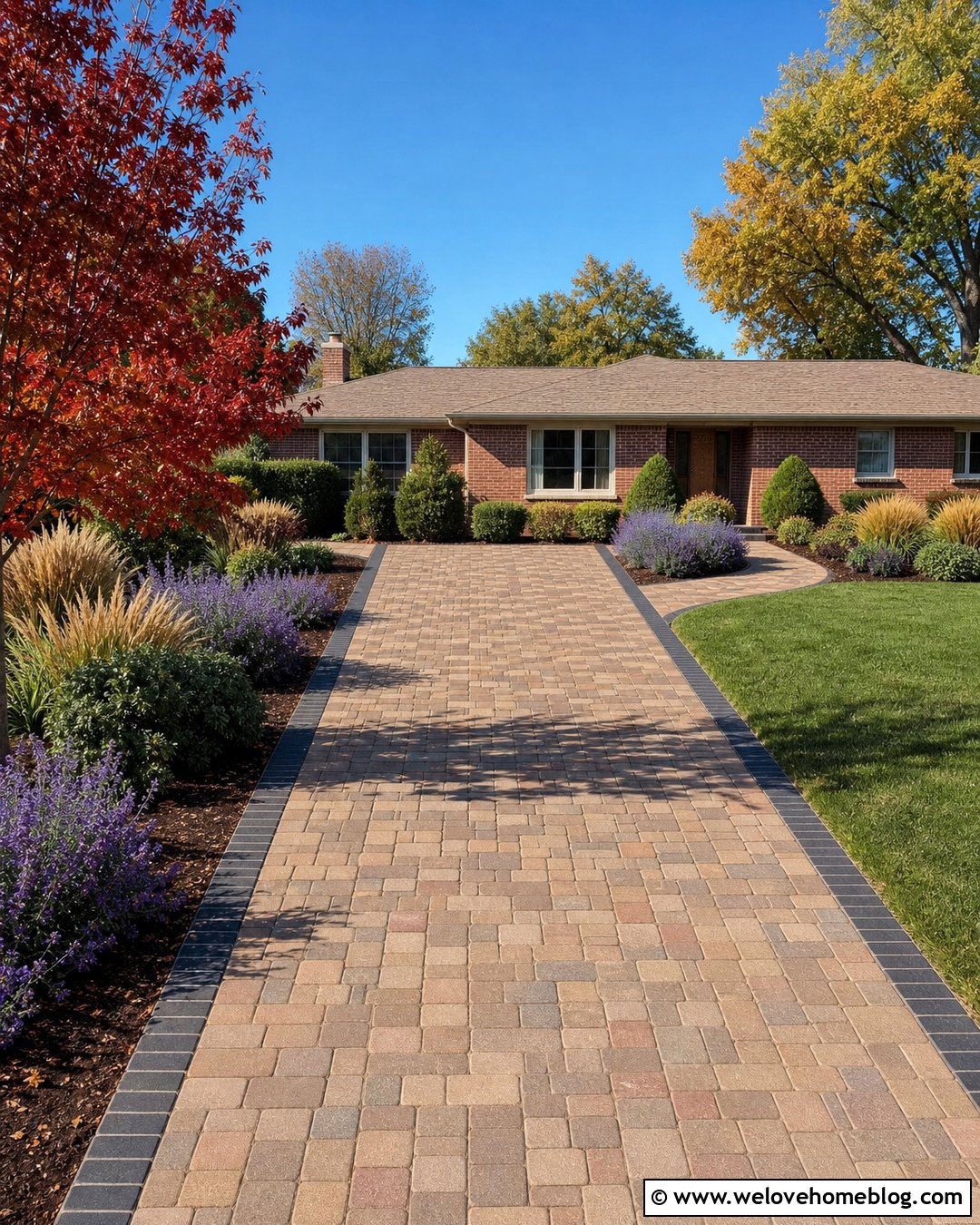 Tumbled Paver Driveway With Brick House - 20 Paver Driveway Curb Appeal Ideas