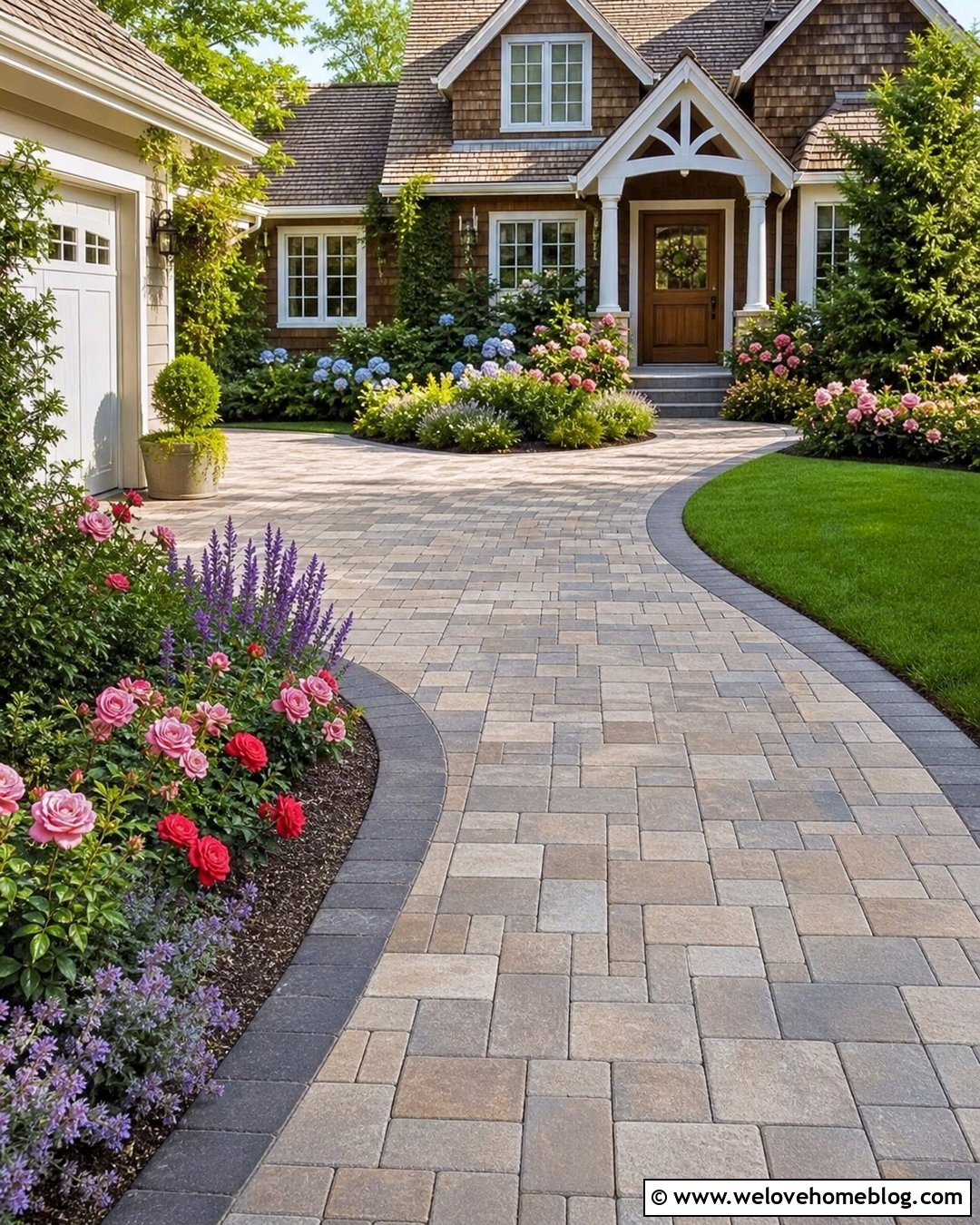 Tumbled Paver Driveway With Cottage Garden - 45 Driveway Design Ideas