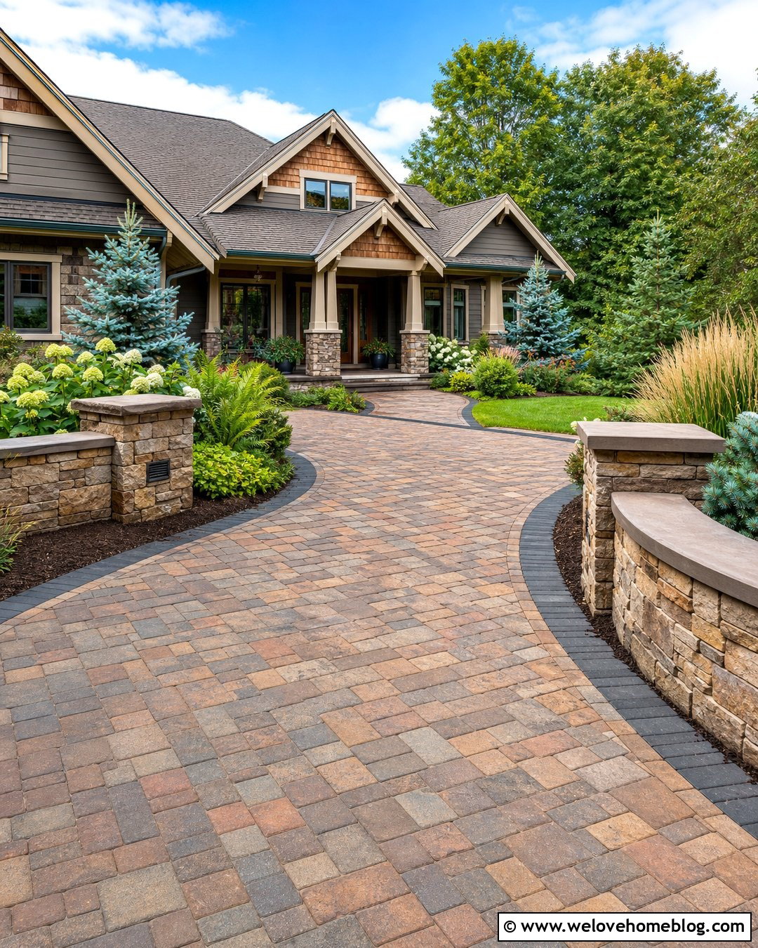 Tumbled Paver Driveway With Craftsman Landscaping - 35 home driveway ideas