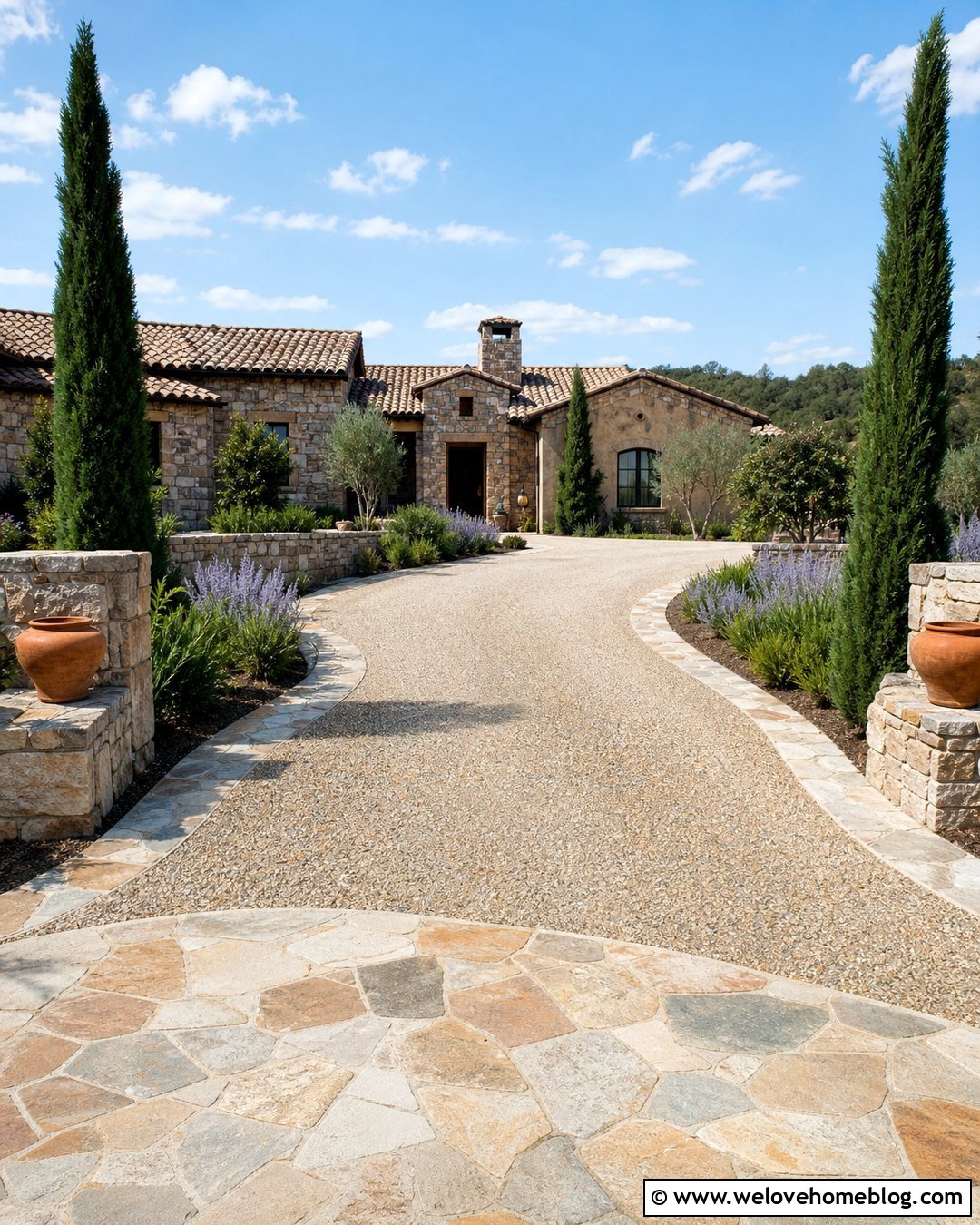 Tuscan Exposed Aggregate Driveway With Flagstone Apron - 20 tuscan style driveway ideas