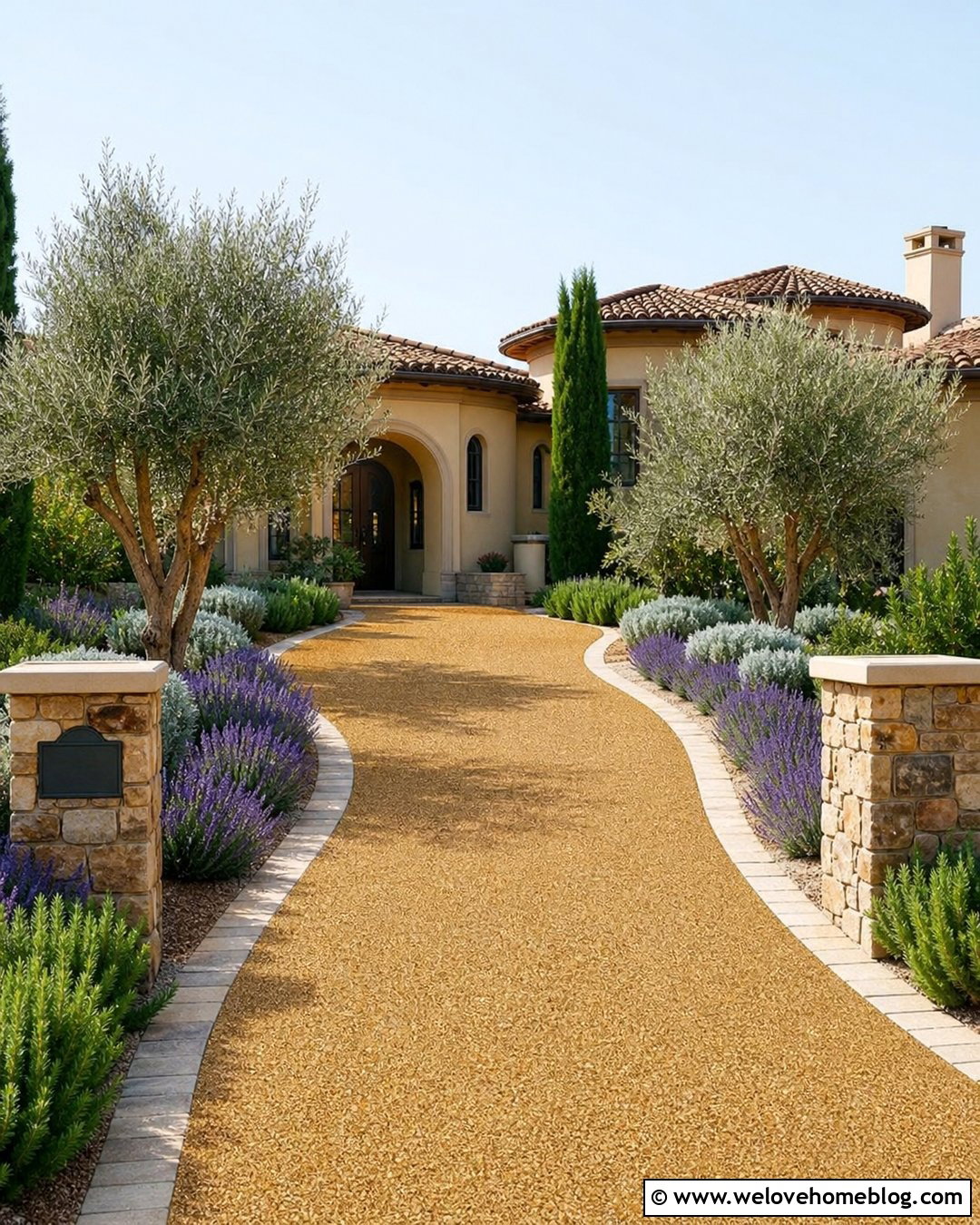 Tuscan Resin Bound Gravel Driveway With Lavender Borders - 20 tuscan style driveway ideas