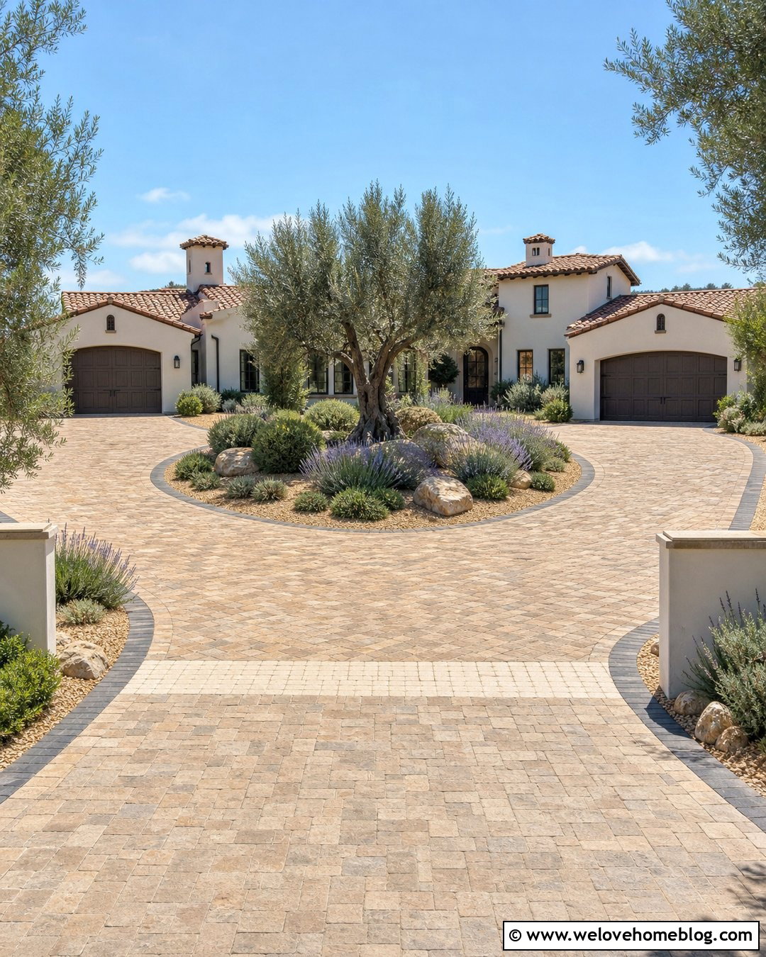 Tuscan Split Driveway With Central Olive Tree - 20 tuscan style driveway ideas