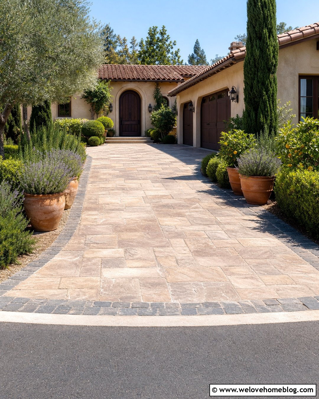 Tuscan Stamped Concrete Driveway With Terracotta Pots - 20 tuscan style driveway ideas