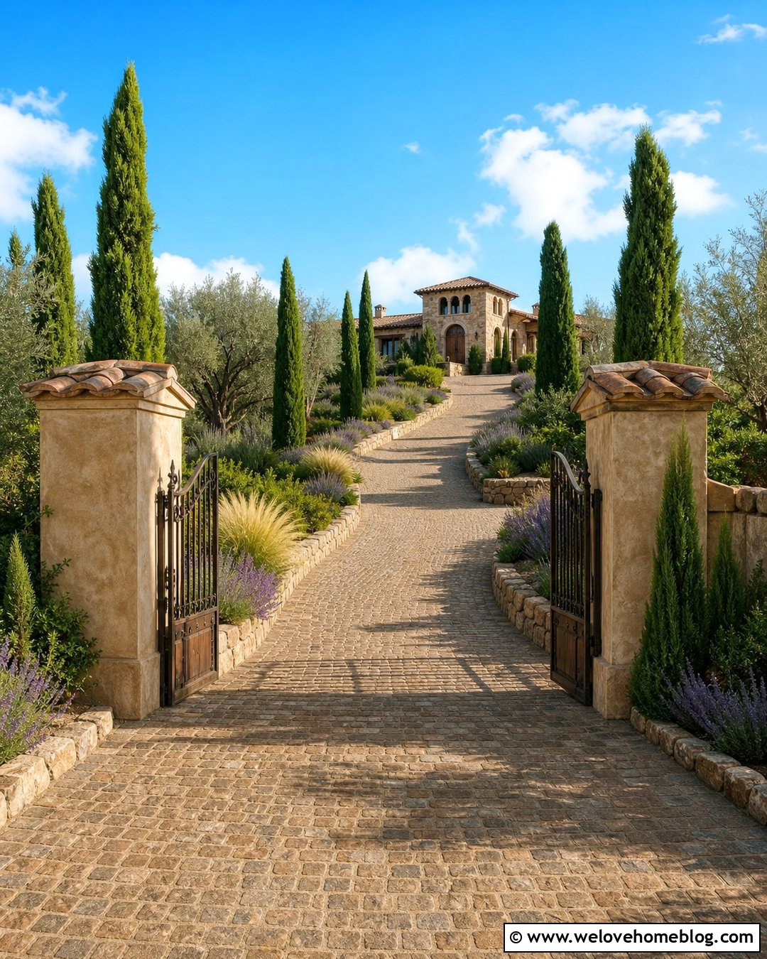 Tuscan Villa Driveway With Cypress Trees - 25 Villa Driveway Ideas