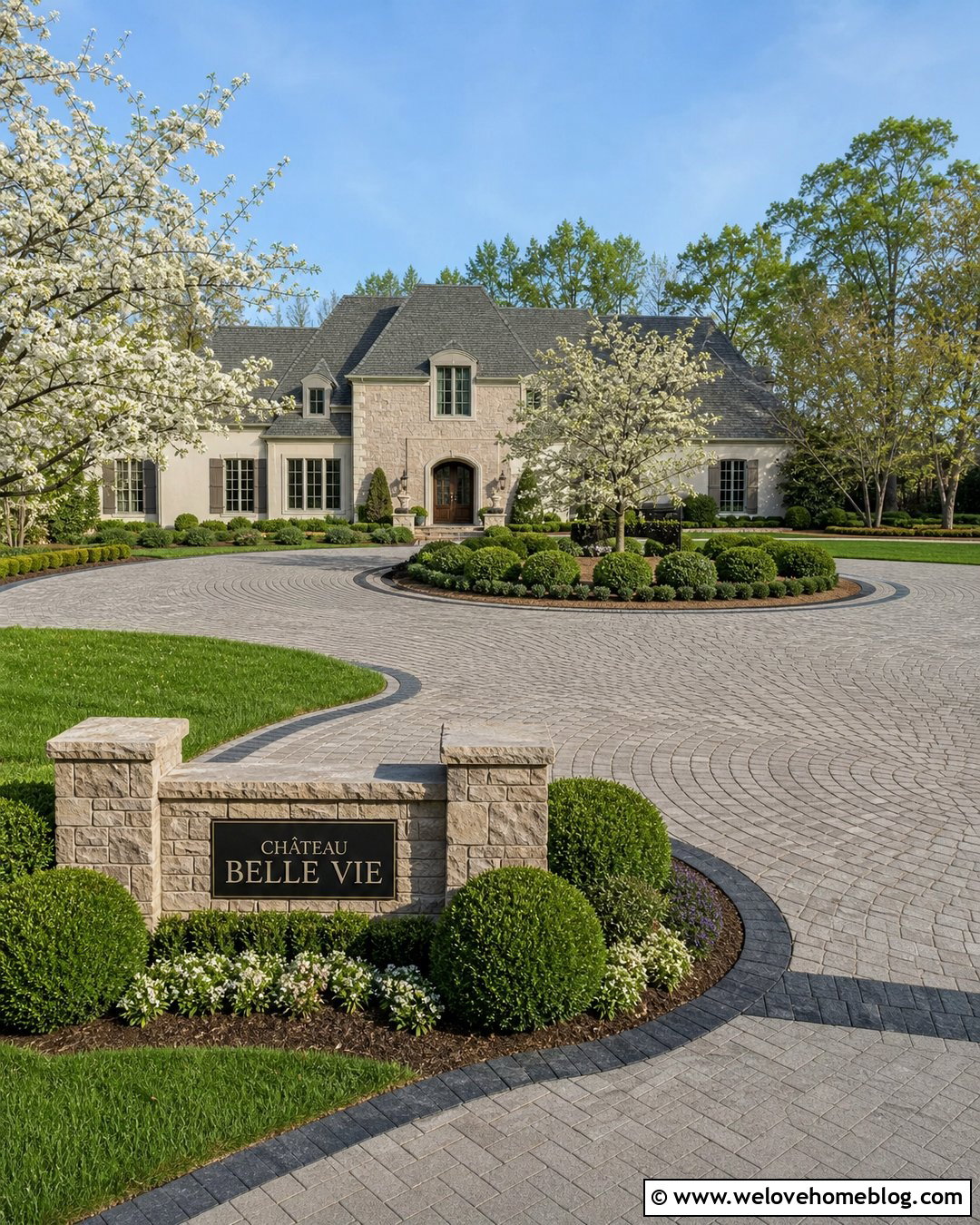Twin Pillar Driveway Sign With Circular Paver Driveway - 20 Driveway Sign Post Ideas