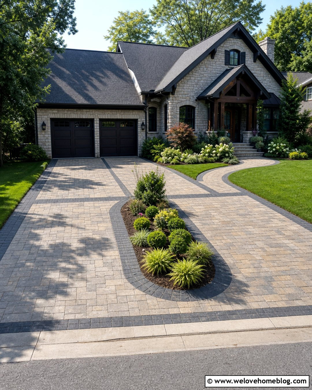 Two Car Paver Driveway With Parking Court - 25 Car Driveway Ideas