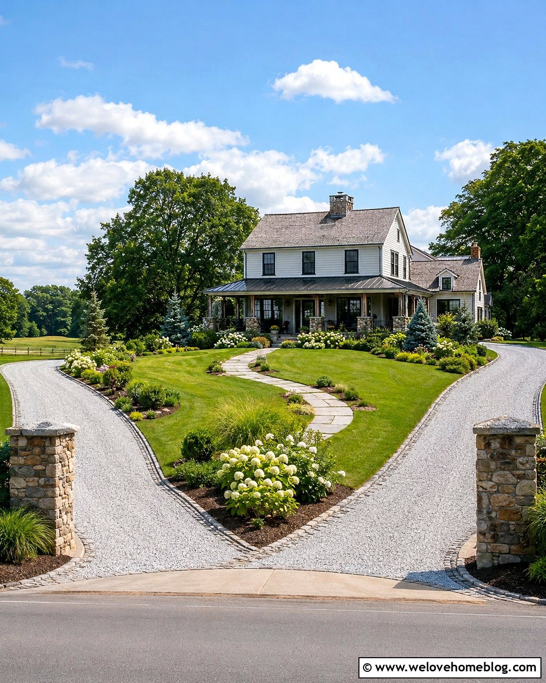 Two Driveways With Stone Pillar Entrances - 20 2 Driveways Front Yards ideas