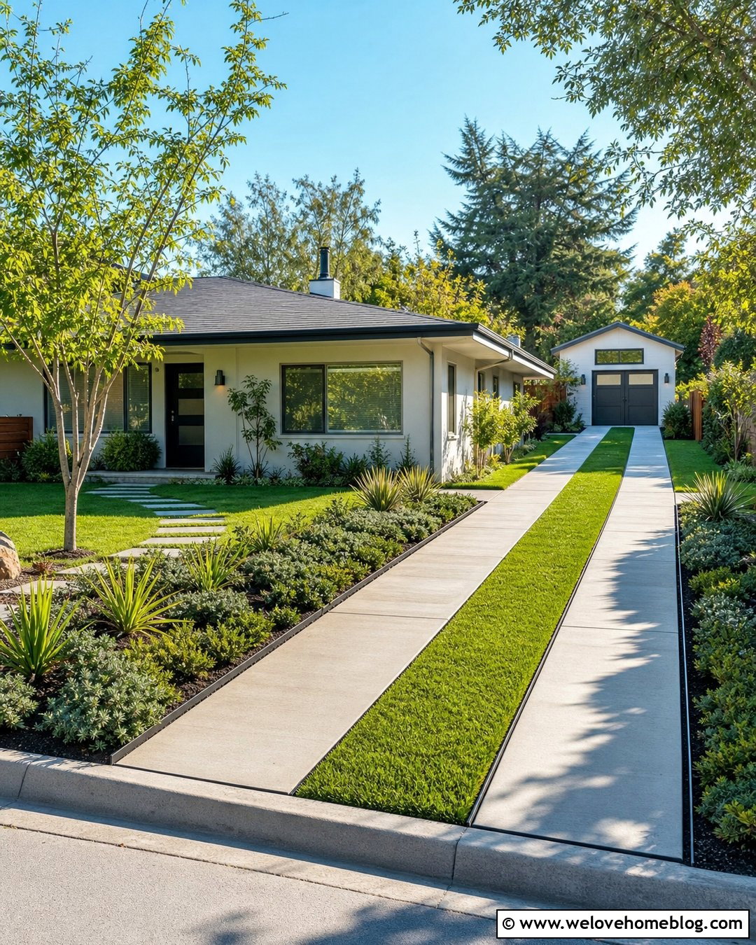 Two Narrow Driveways With Grass Center - 20 Two Driveways Ideas