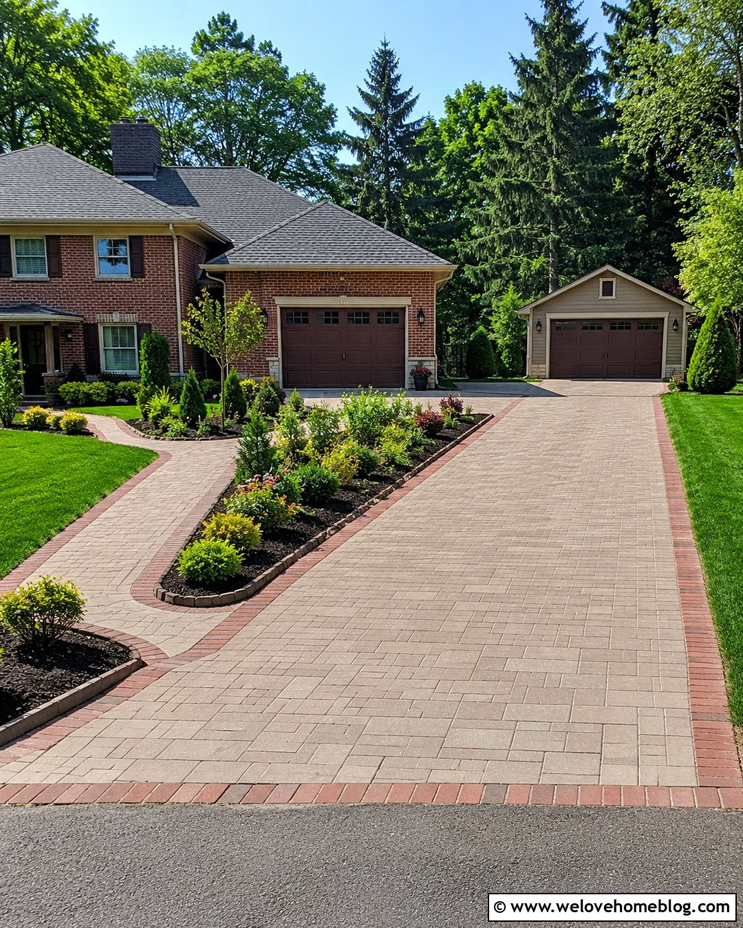 Two Paver Driveways With Matching Brick Borders - 20 House With Two Driveways Ideas