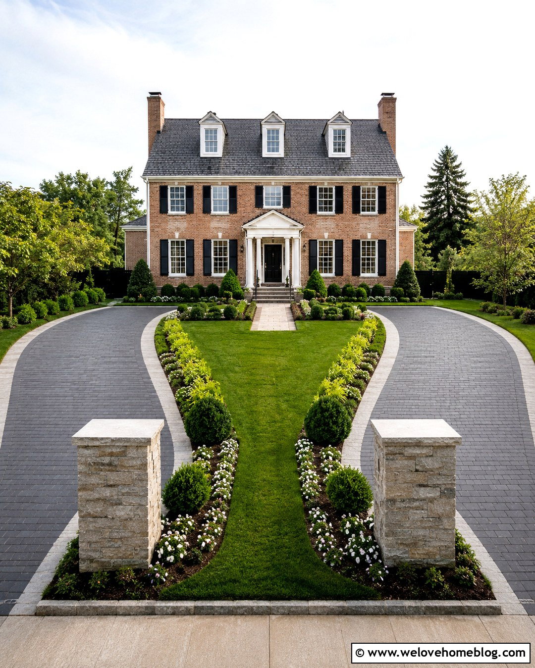 Two Paver Driveways With Symmetrical Landscaping - 20 2 Driveways Front Yards ideas