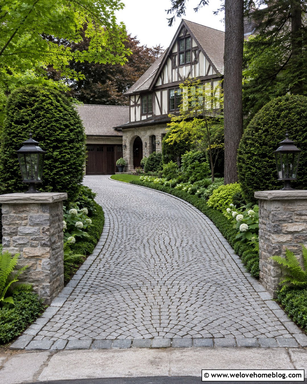 Two Story Tudor Home With Cobblestone Driveway - 20 Two-Story Home With Driveway Ideas