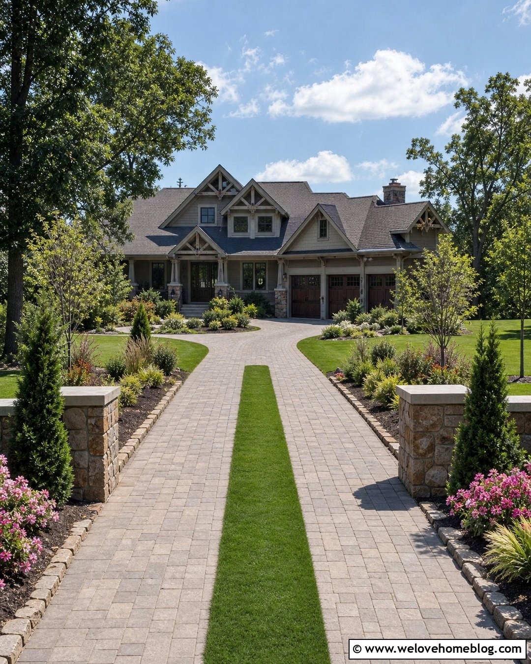 Two Strip Driveway With Stone Entrance Pillars - 20 Two Strip Driveway Ideas