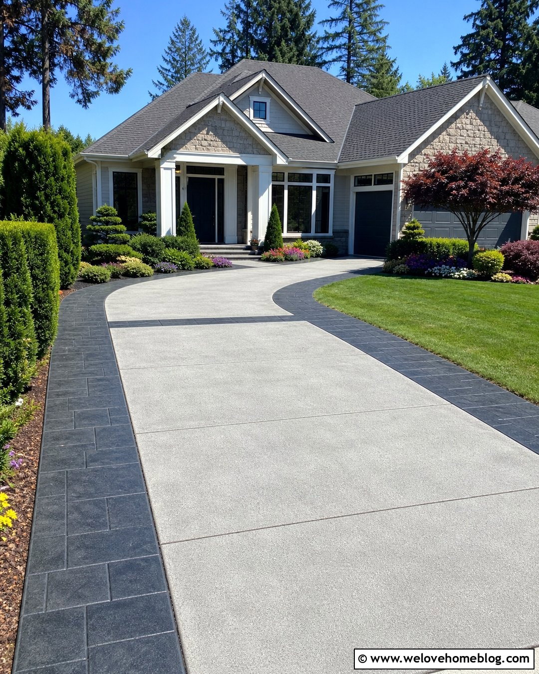 Two Tone Cement Driveway With Wide Border - 35 Cement Driveway Ideas