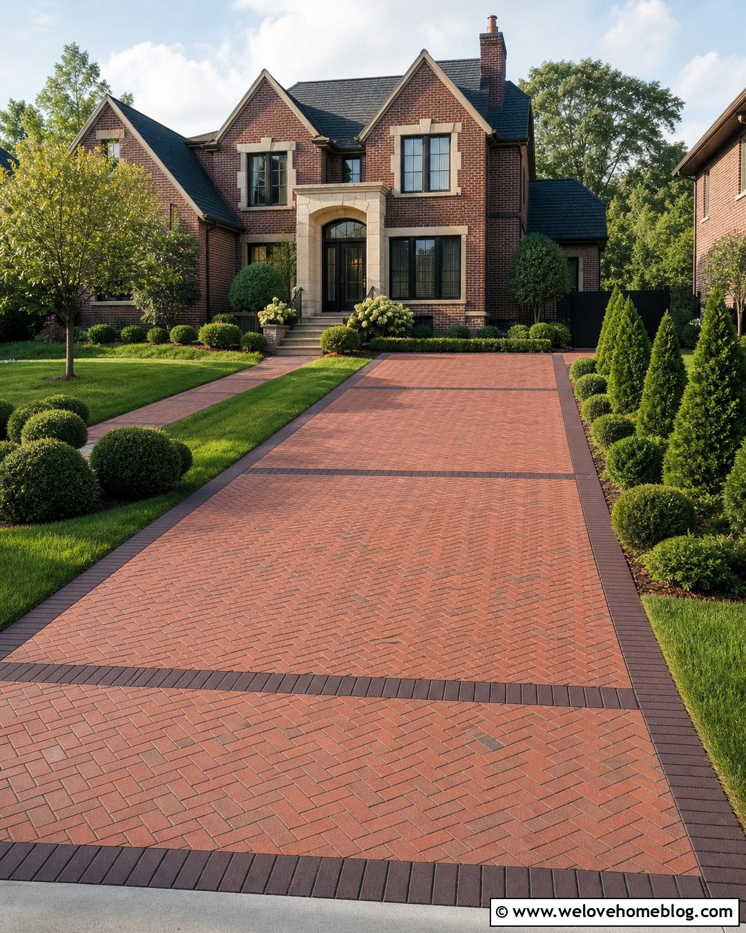 Two Tone Clay Paver Driveway With Accent Bands - 20 Clay Pavers Driveway Ideas