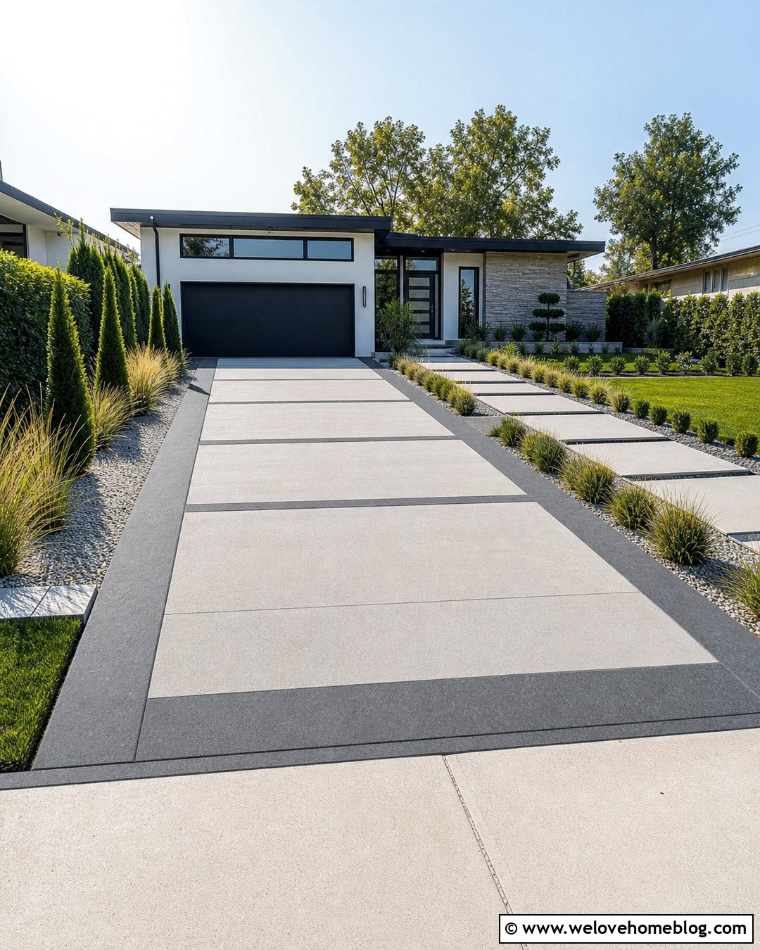 Two Tone Concrete Driveway With Geometric Bands - 20 Large Concrete Driveway Ideas