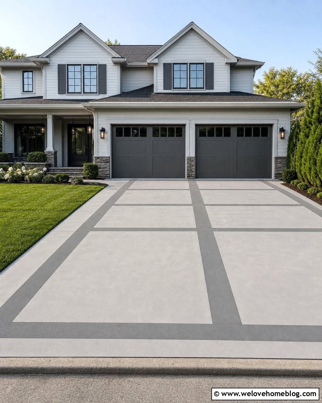 Two Tone Concrete Driveway With Geometric Panels - 20 Clean Concrete Driveway Ideas