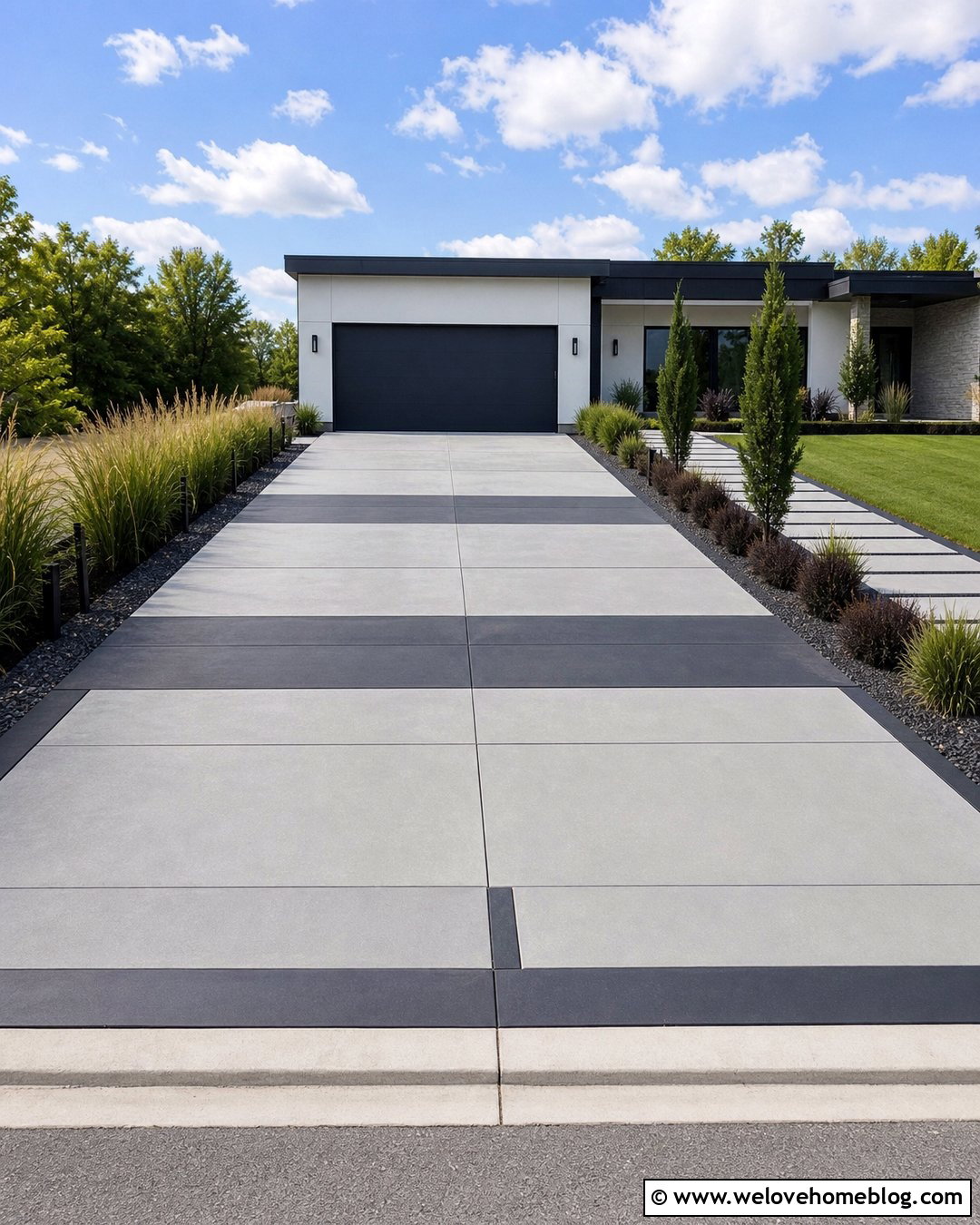 Two Tone Concrete Driveway With Geometric Scoring - 25 Driveway Concrete Ideas