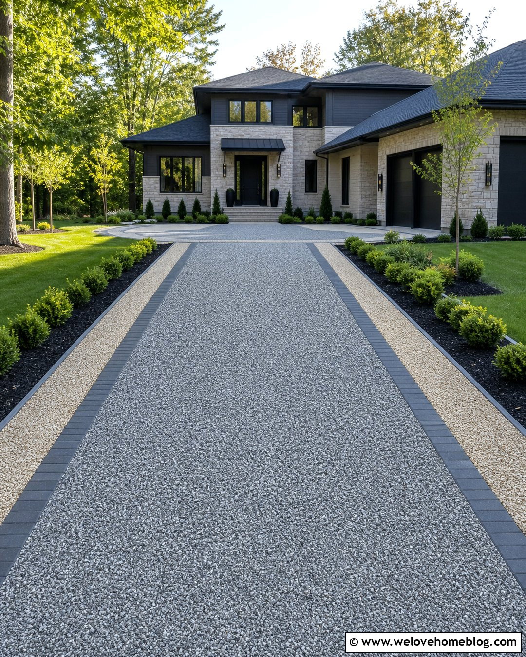 Two Tone Crushed Stone Driveway With Contrasting Borders - 25 Crushed Stone Driveway Ideas