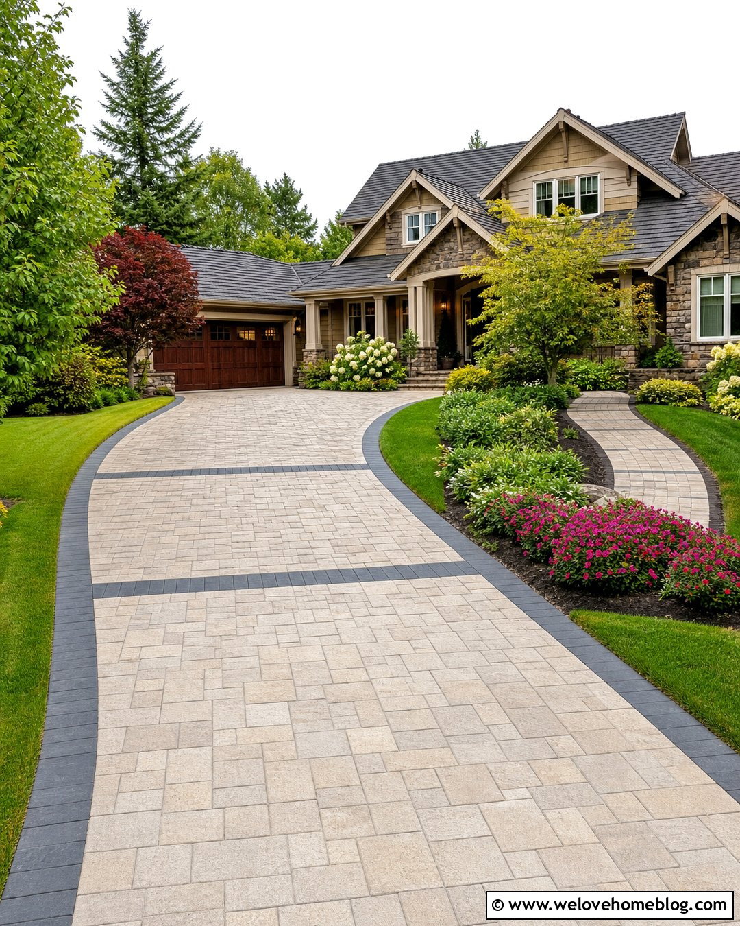 Two Tone Curved Paver Driveway - 35 Curved Driveway Ideas
