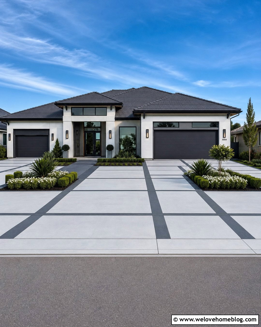 Two Tone Flagged Driveway With A Geometric Layout - 20 Flagged Driveway Ideas