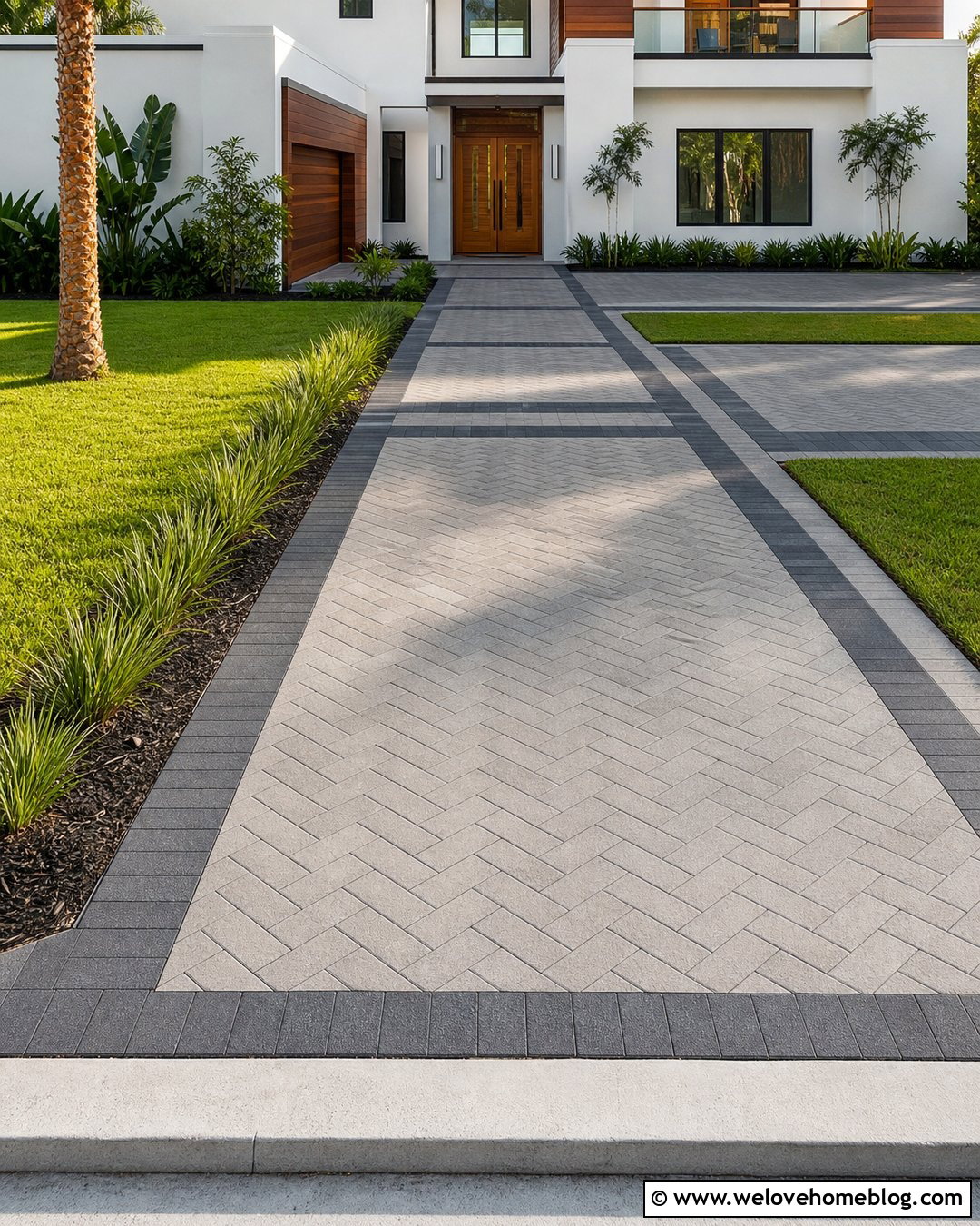 Two Tone Geometric Brick Driveway - 20 Paved Brick Driveway Ideas