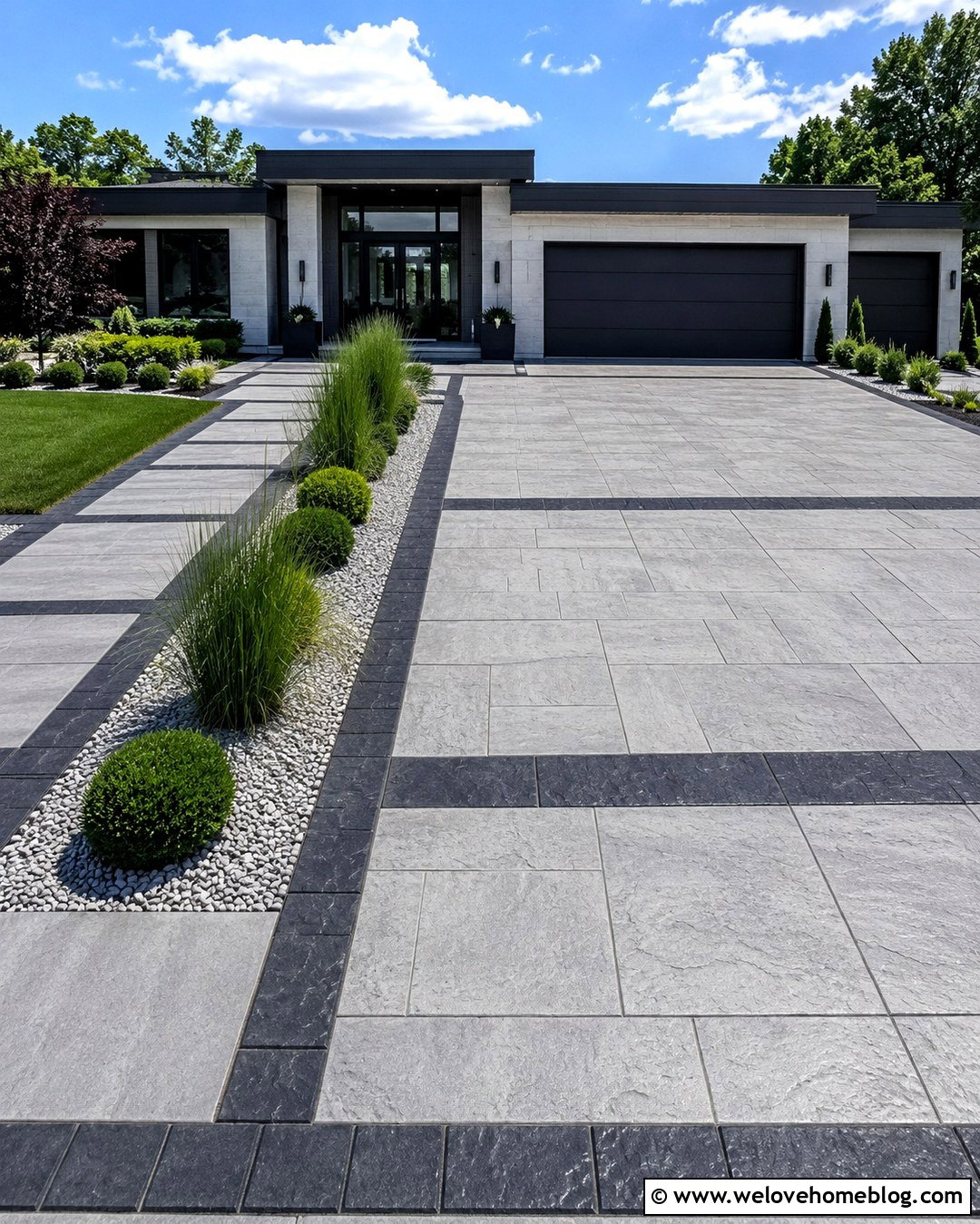 Two Tone Geometric Concrete Print Driveway - 20 Concrete Print Driveways Ideas
