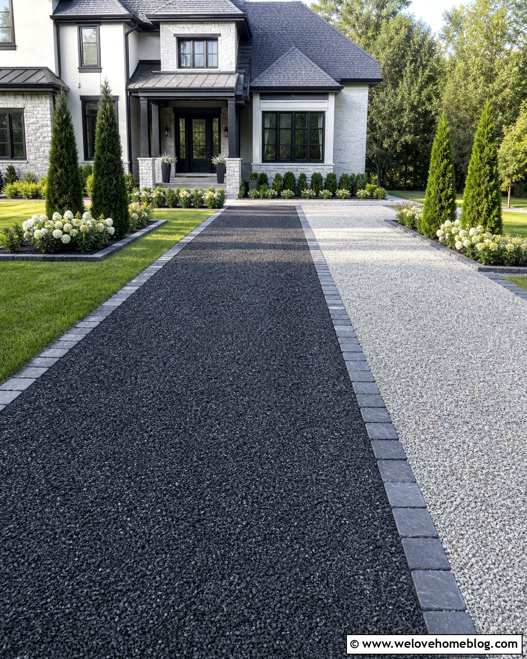 Two Tone Gravel Driveway With Cobblestone Border - 20 Cobble And Gravel Driveway Ideas