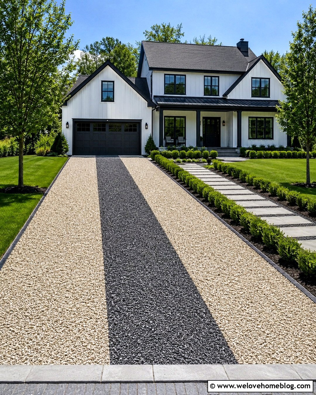 Two Tone Gravel Geogrid Driveway With a Center Strip - 20 Geogrid Driveway Ideas