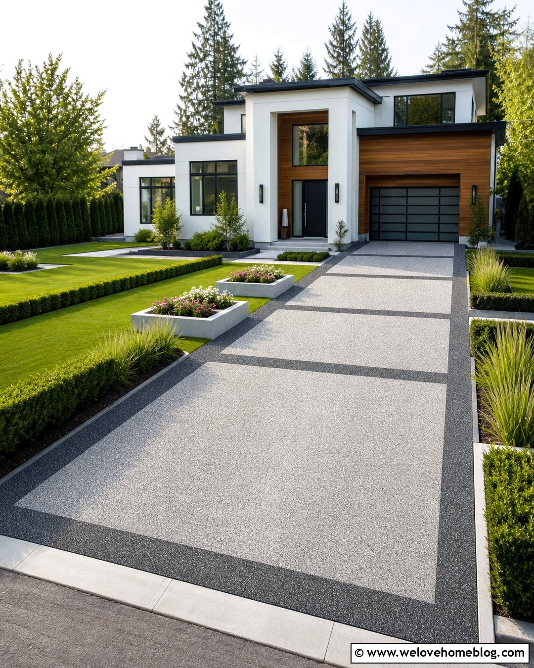 Two Tone Grey Exposed Aggregate Driveway With Geometric Bands - 20 Grey Exposed Aggregate Driveway Ideas