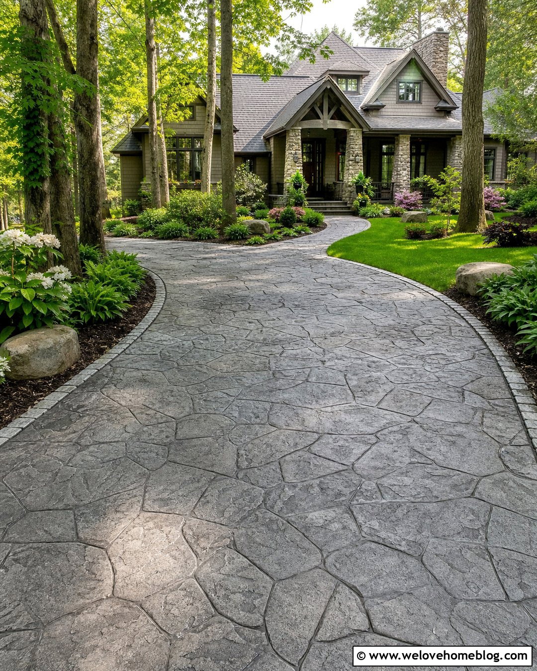 Two Tone Grey Random Stone Stamped Concrete Driveway - 20 grey stamped concrete driveway ideas