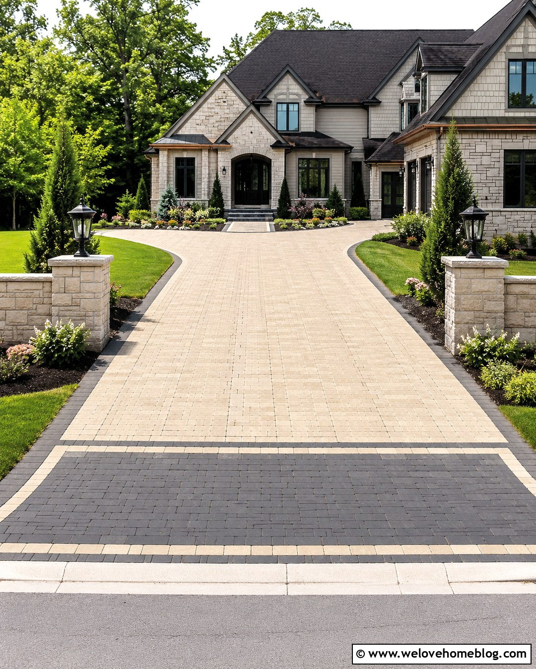 Two Tone Paver Driveway Entrance With An Accent Apron - 20 Paved Driveway Entrance Ideas