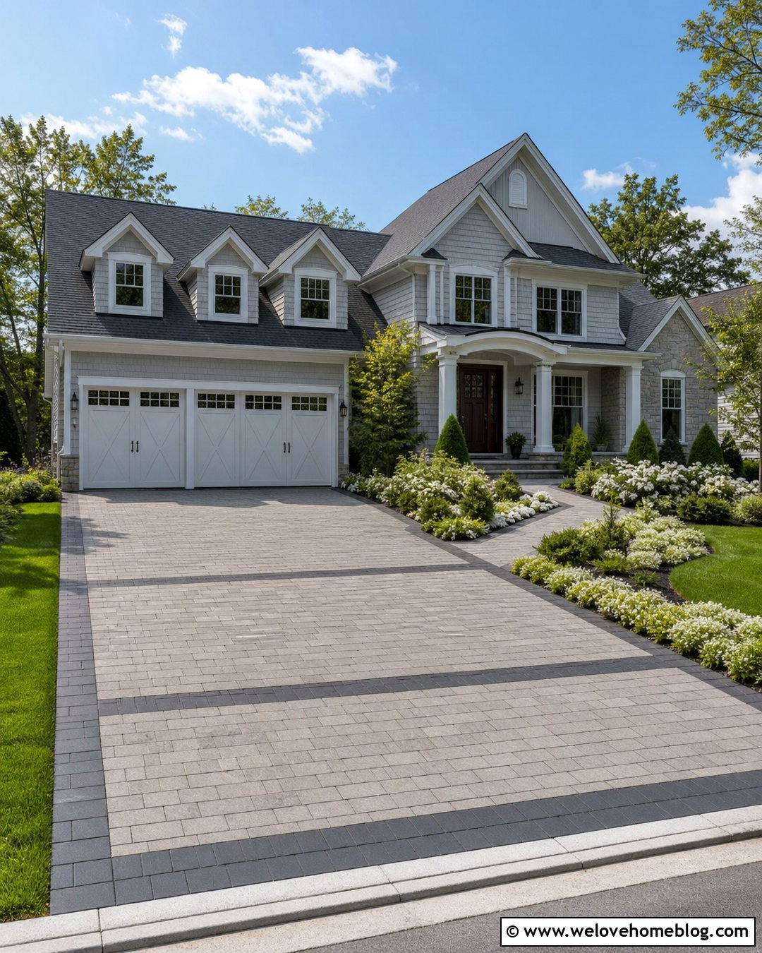 Two Tone Paver Driveway With Accent Bands - 25 Driveway Inspiration Ideas
