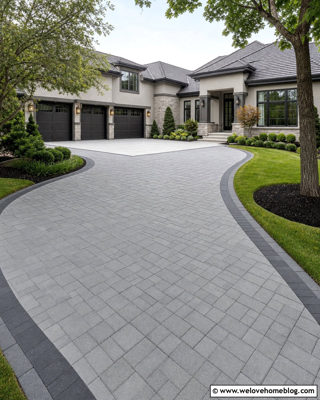 Two Tone Paver Driveway With Garage Apron - 20 Driveways With Pavers Ideas