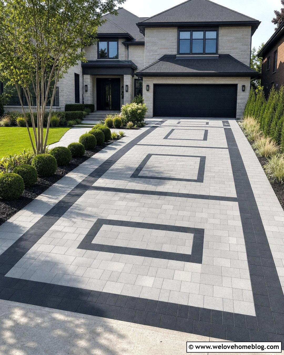 Two Tone Paver Driveway With Geometric Border - 45 Driveway Design Ideas