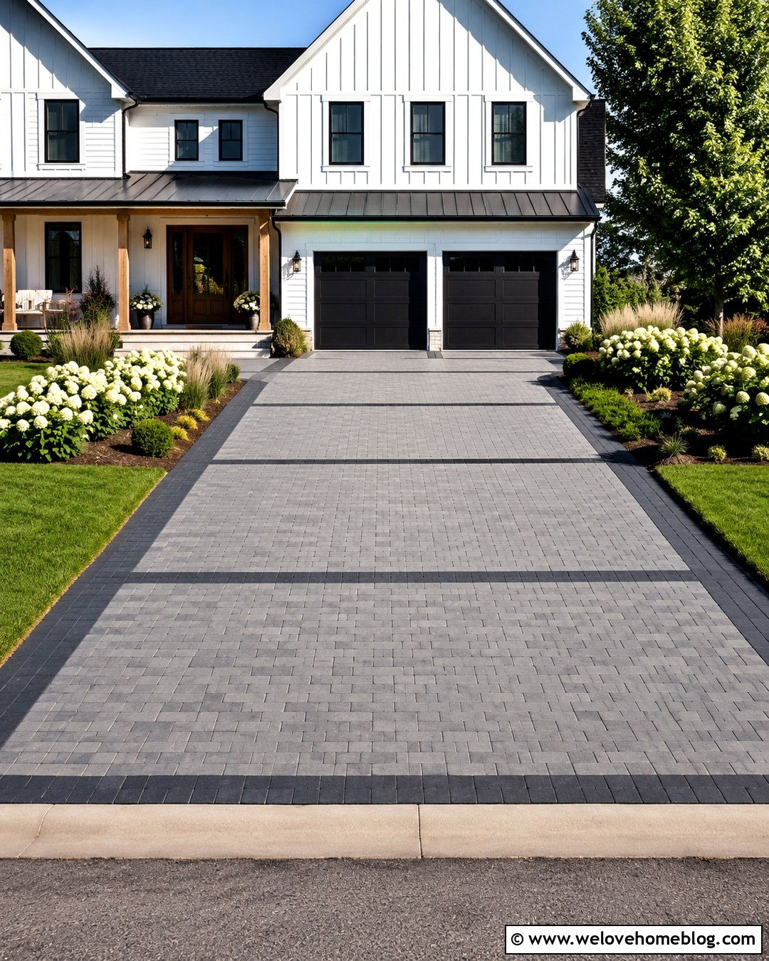 Two Tone Paver Driveway With Geometric Pattern - 20 Nice Driveway Ideas