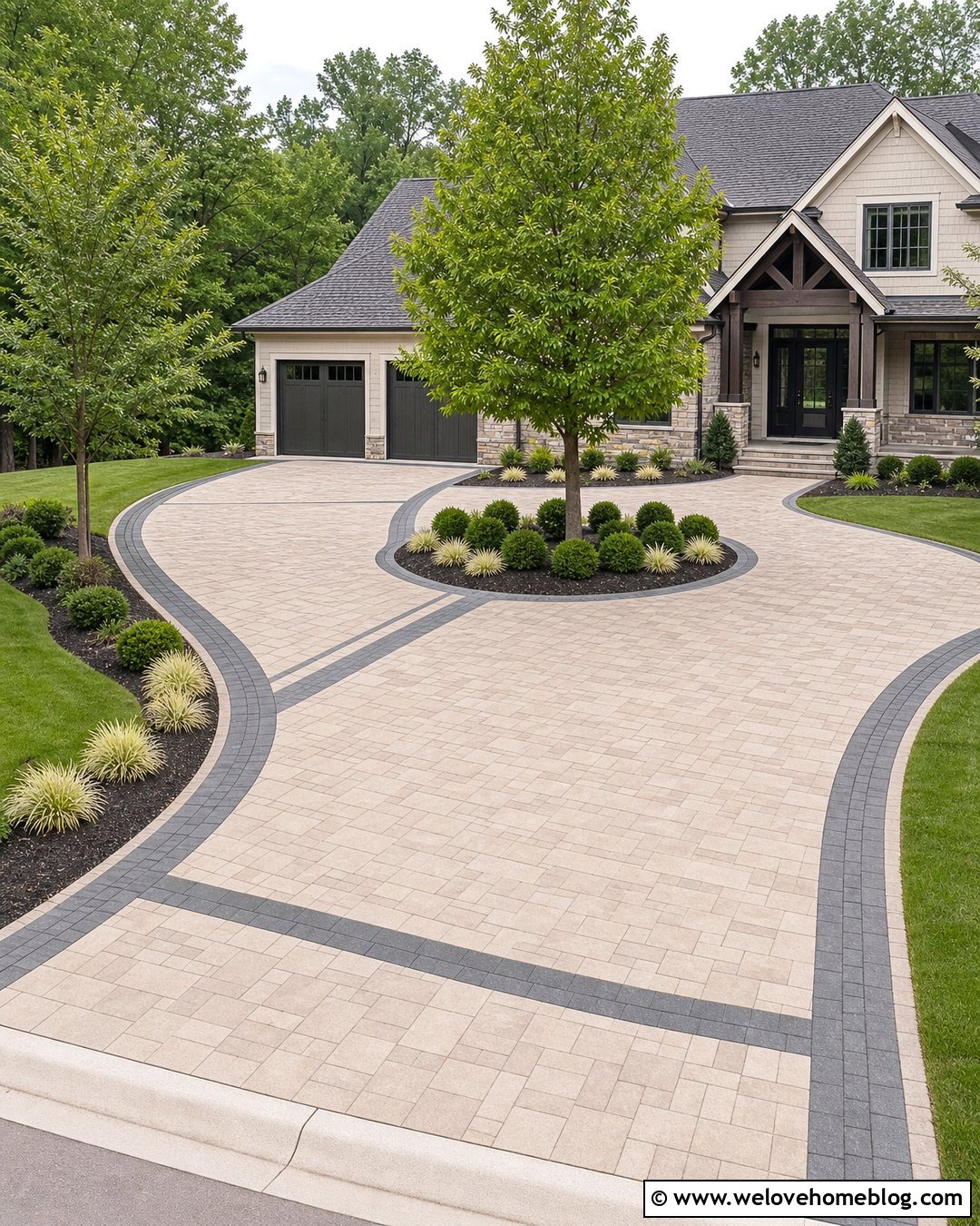 Two Tone Paver Spiral Driveway With Patterned Borders - 20 Spiral Driveway Ideas