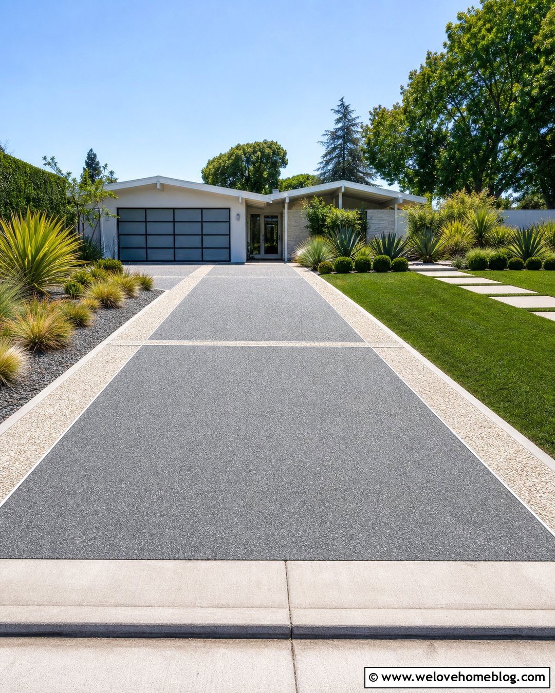 Two Tone Pebble Driveway With Contrasting Bands - 20 pebble rock driveway ideas