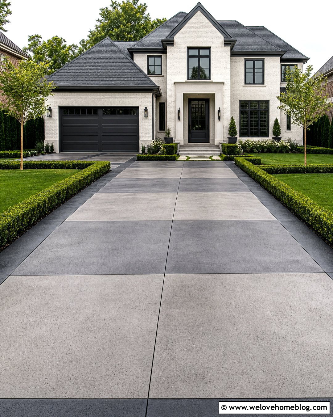 Two Tone Stained Concrete Driveway With Checkerboard Pattern - 20 Staining Concrete Driveway Ideas