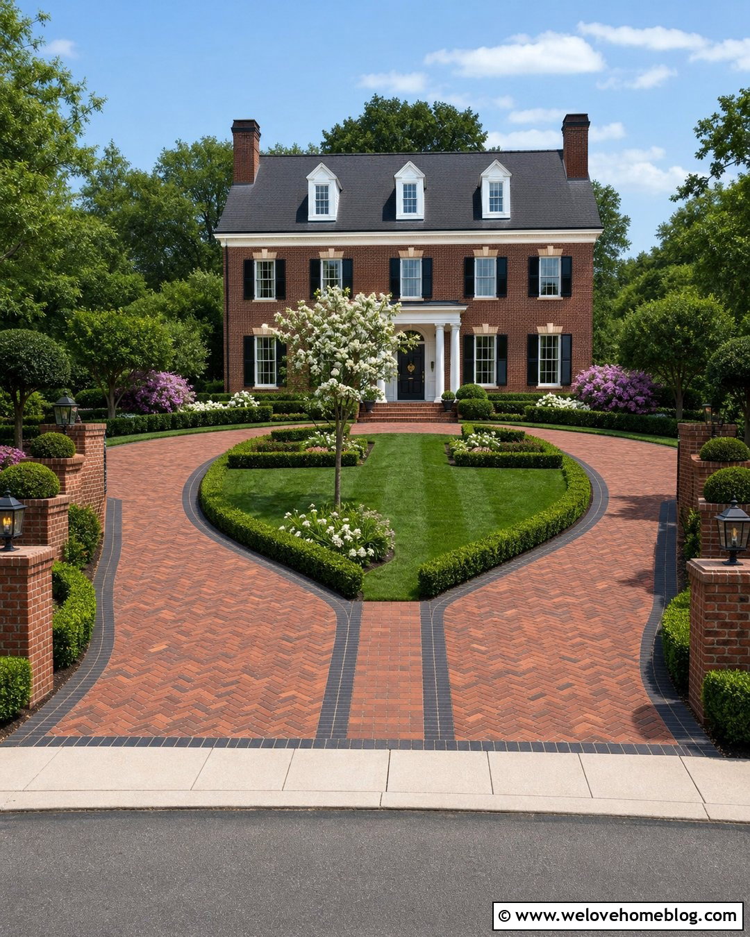 U Shape Brick Driveway With Boxwood Garden - 30 U Shape Driveway Landscaping Ideas