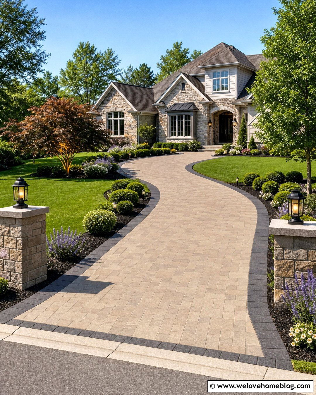 U Shaped Driveway With Landscape Lighting - 20 U Driveway Ideas