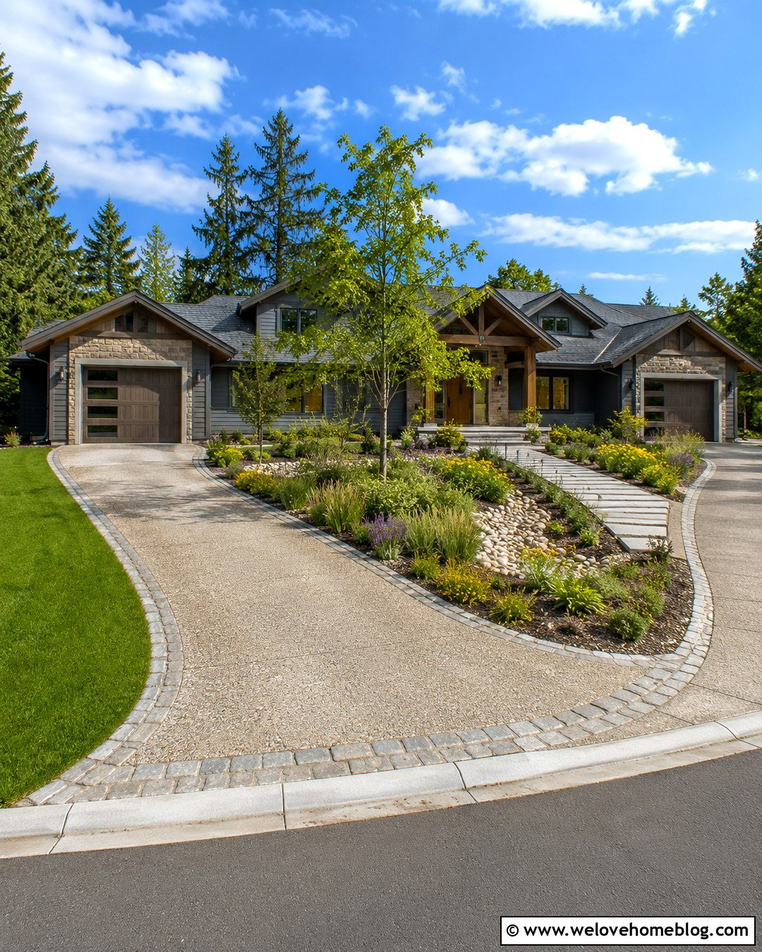 U Shaped Driveway With a Front Yard Rain Garden - 20 U Shaped Driveway Front Yards Ideas