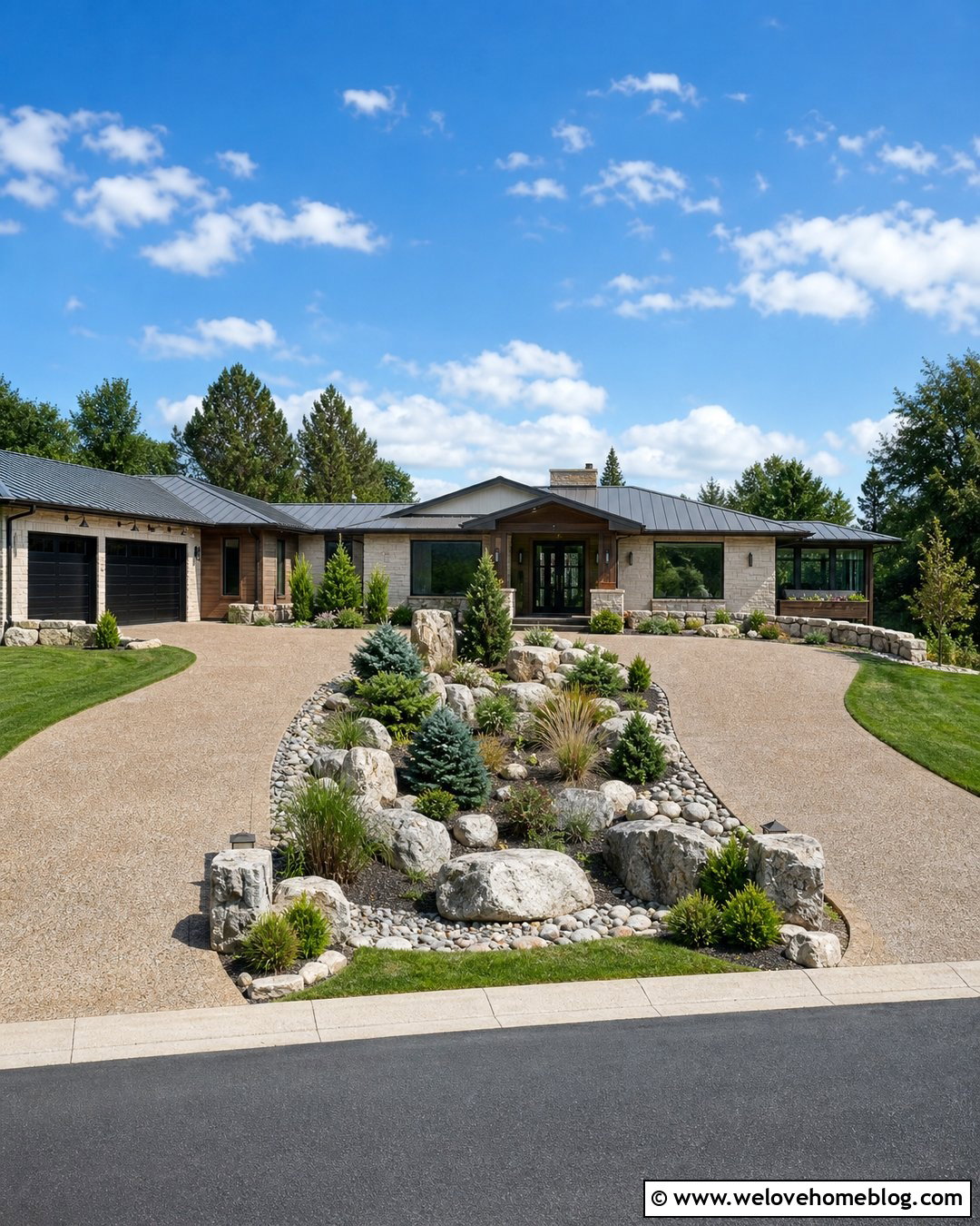 U Shaped Driveway With a Low Maintenance Rock Garden - 25 u shaped driveway landscaping ideas