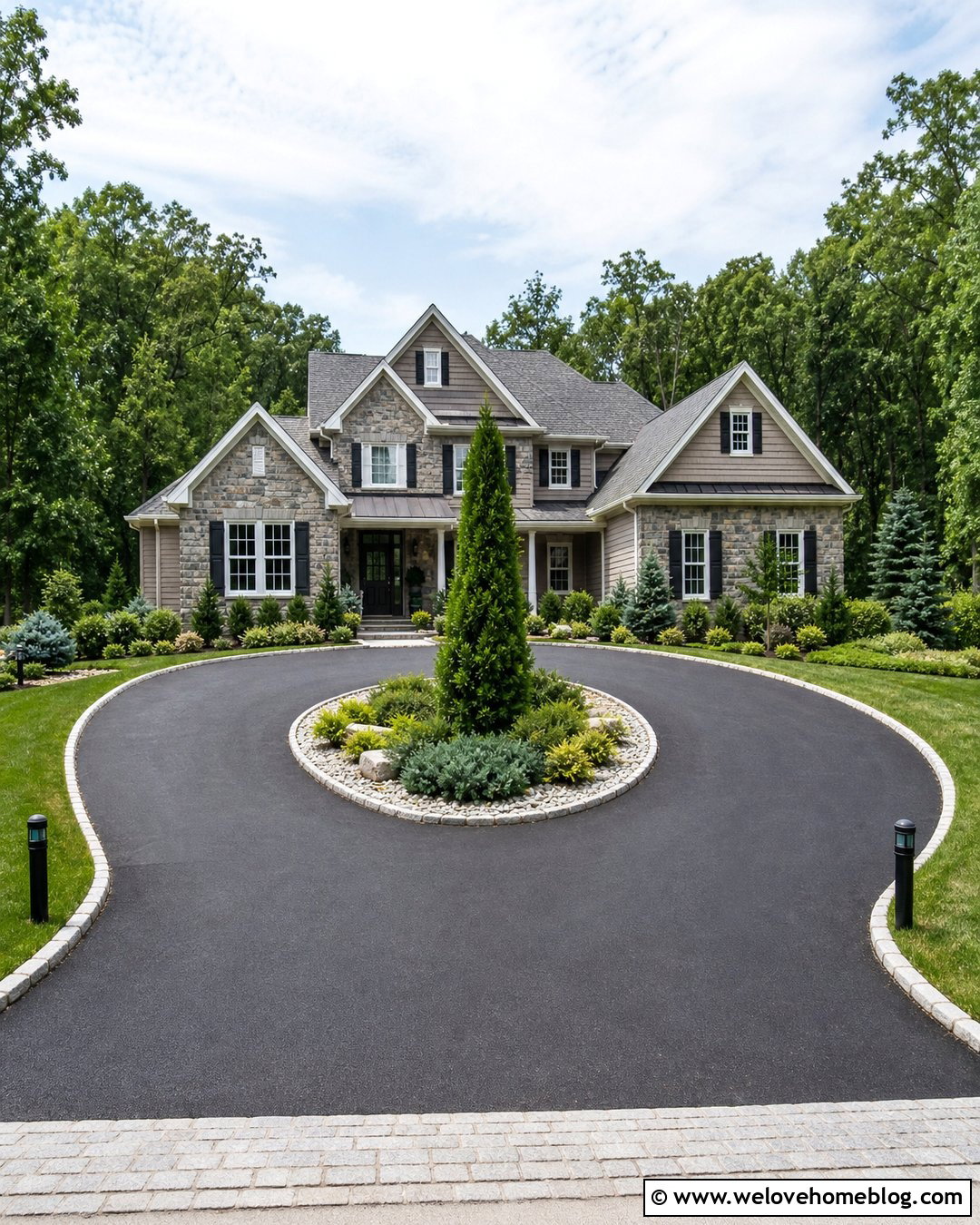 U Shaped Driveway With an Evergreen Center Island - 25 u shaped driveway landscaping ideas