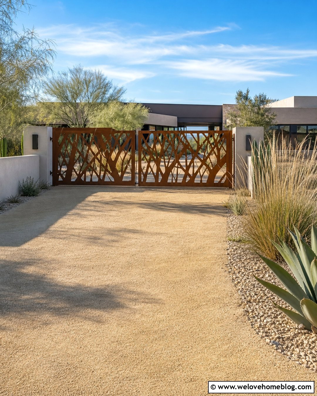 Uneven Split Driveway Gate With Decorative Cutouts - 20 Uneven Split Driveway Gate Ideas